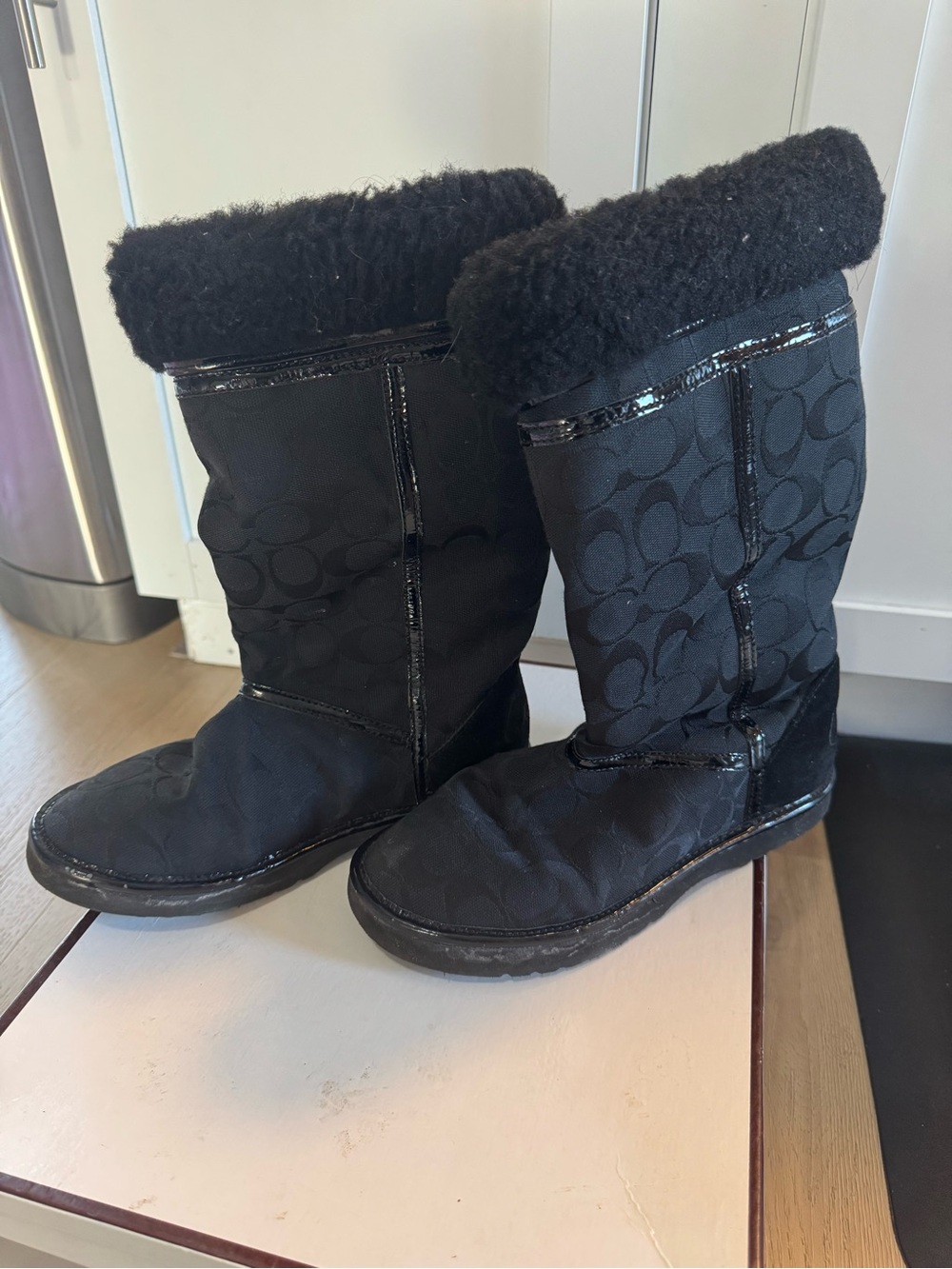 Coach Black Signature Logo Faux-Shearling Mid-Calf Boots